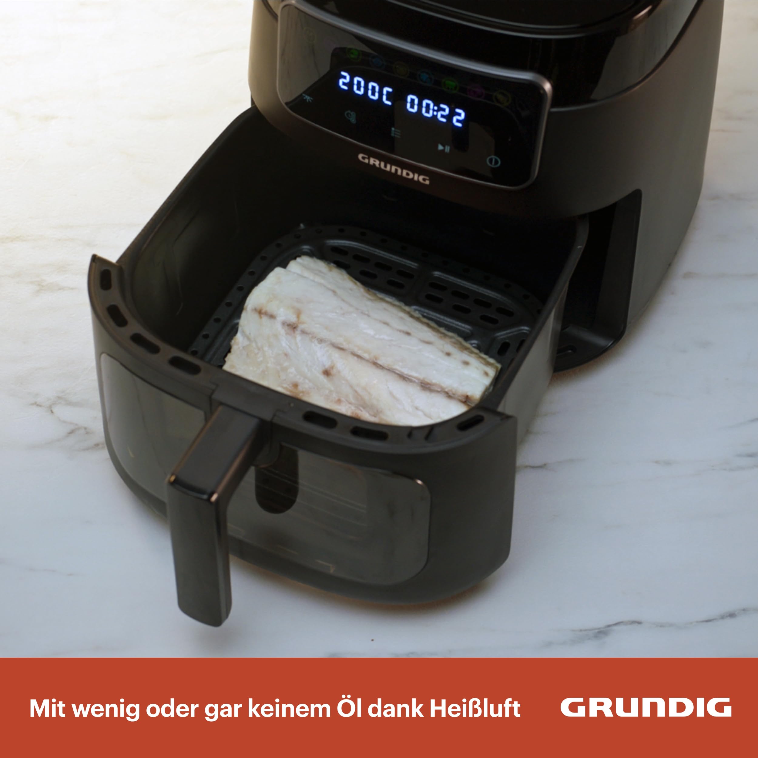 Grundig FRY 7320 Heißluftfritteuse, 7,6 l Kapazität, 1750 W, Touch-Display, großes Sichtfenster, Temperatur- und Zeiteinstellung, Antihaftbeschichtung, spülmaschinengeeigneter Korb, Schwarz