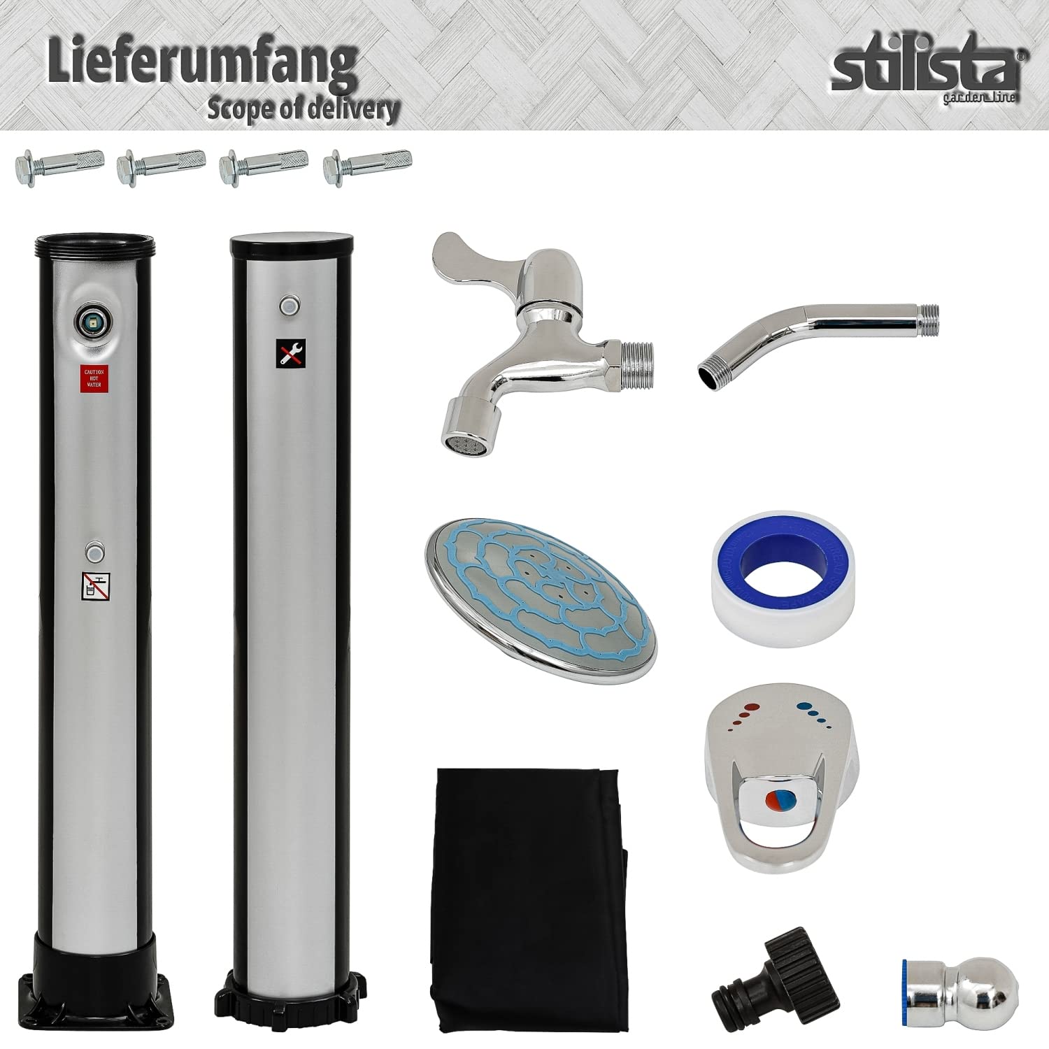 STILISTA Solardusche 35 l, Wasserhahn, Schlauchanschluss, Farbwahl, Silber/Schwarz