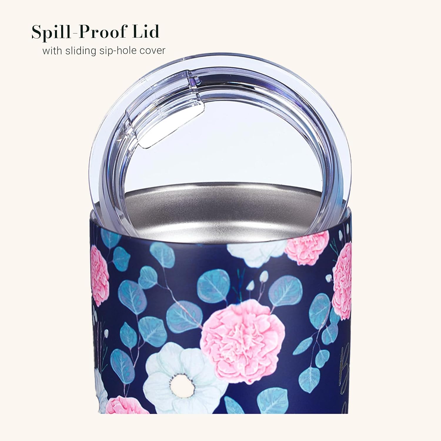 Christian Art Gifts Stainless Steel Double-Wall Vacuum Insulated Travel Mug 18 oz Navy Blue with Pink Floral Tumbler with Lid for Women with Inspirational Bible Verse - Be Still & Know -Psalm 46:10