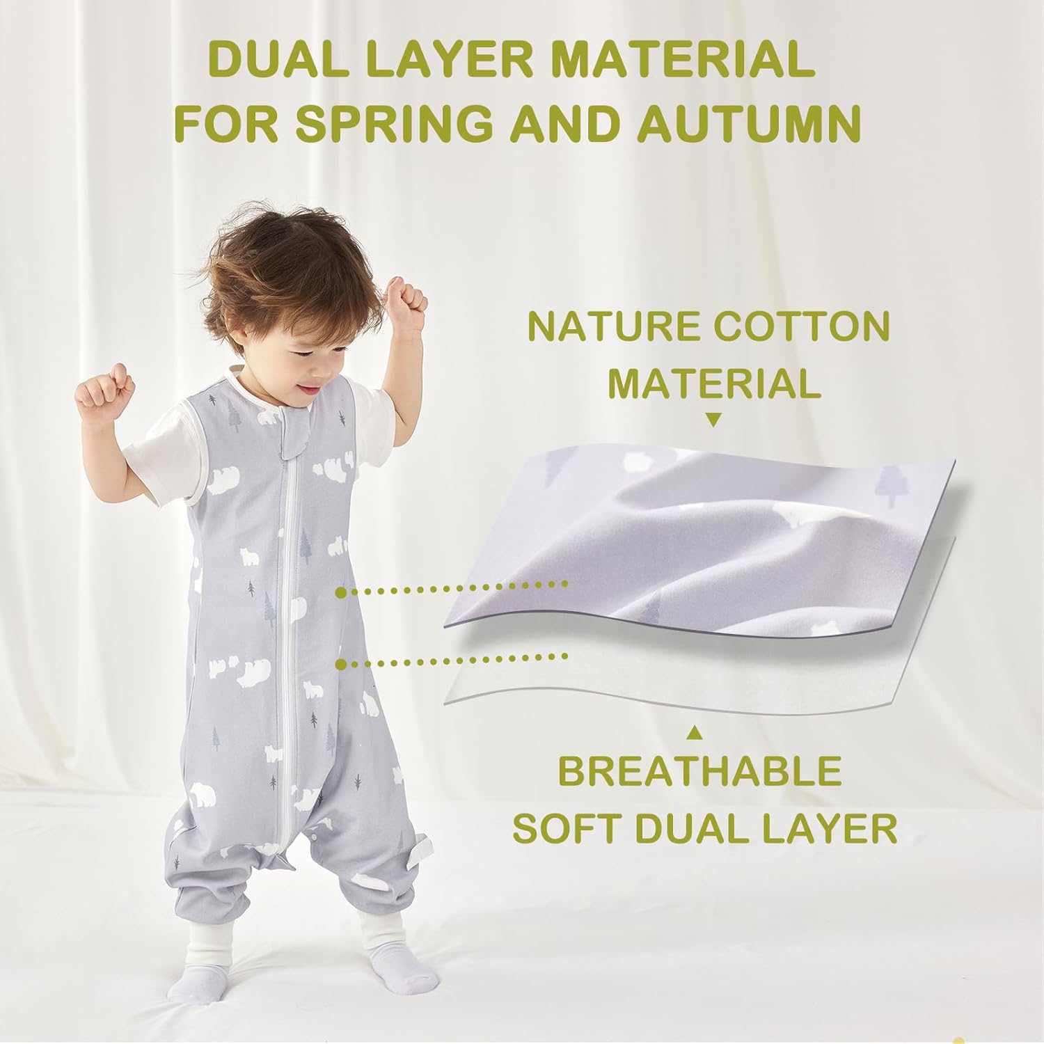 100% Cotton Breathable Lightweight Sleep Sack with Feet, Side Open Super Soft Toddler Sleep Sack with Legs