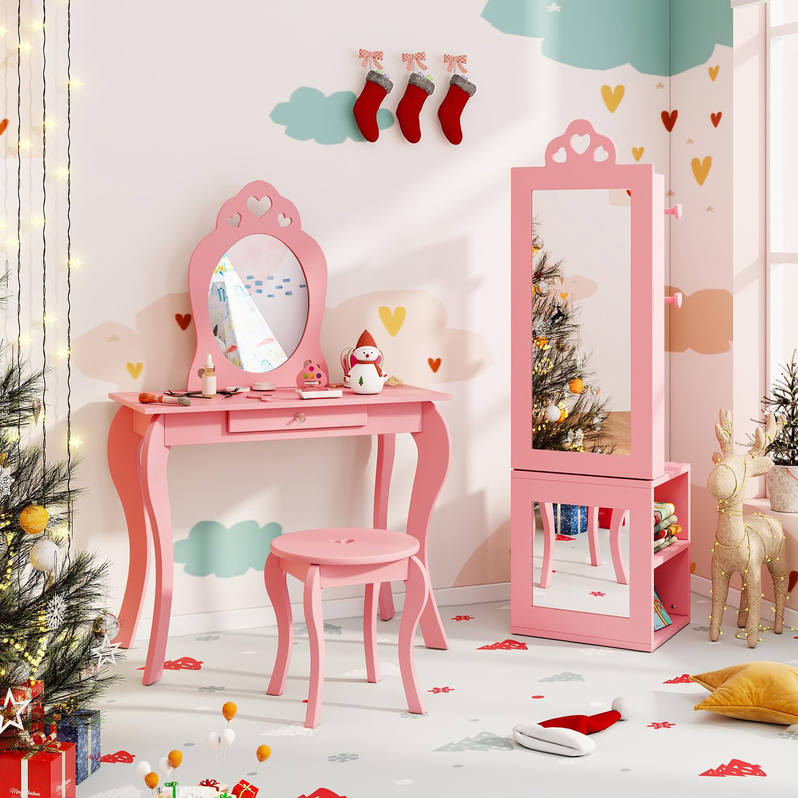 GLACER 2 Piece Kids Vanity Set & Jewelry Armoire Cabinet, Wooden Kids Vanity Table and Chair Set, Kids Dress Up Storage with Full-Length Mirror, Standing Kids Bedroom Furniture for Girls (Pink)