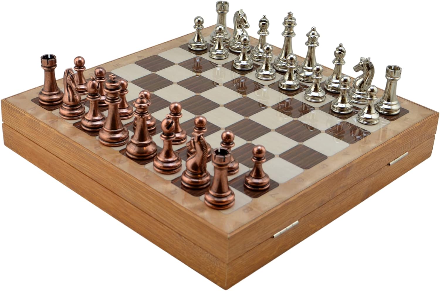 Antique Copper Classic Metal Chess Set for Adults,Handmade Pieces and Different Design Wooden Chess Board with Storage (Rustic)