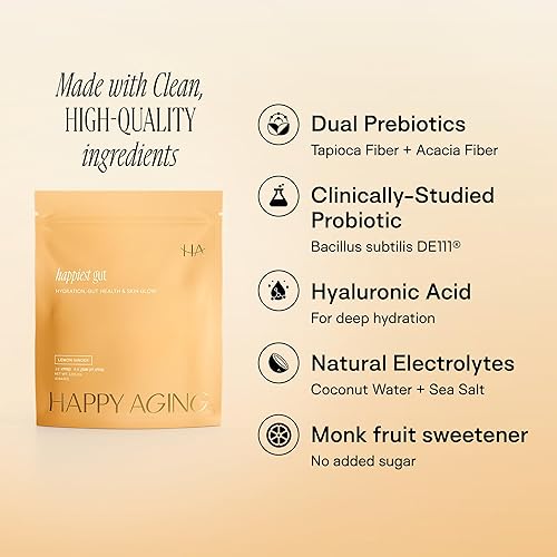 Miniatura 4 de Happiest - Polvo de hidratación con electrolitos intestinales con probióticos y ácido hialurónico, salud intestinal + brillo de la piel, 12 barras