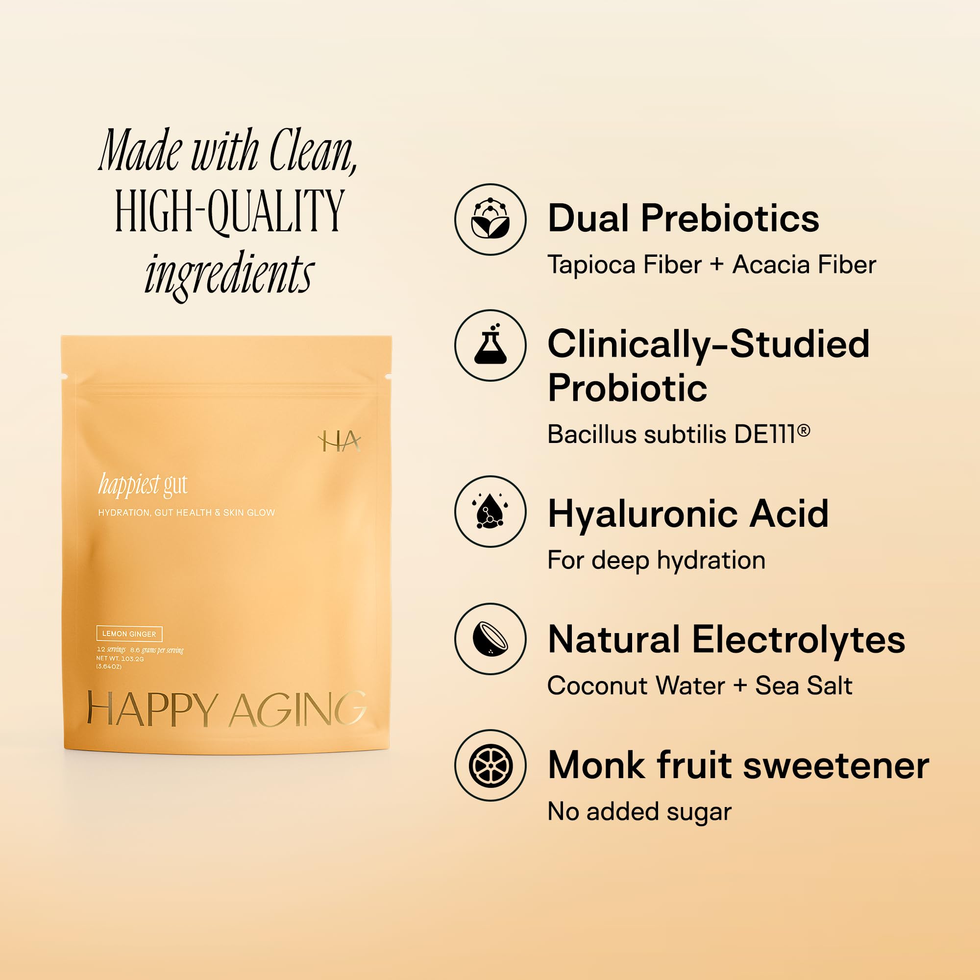 Happy Aging Happiest Gut Electrolytes Powder Packets for Women - Sugar Free Hydration Powder, Probiotics + Dual Prebiotics + Hyaluronic Acid - Zero Sugar Drink Mix, Lemon Ginger, 12 Sticks — Amazon image 4