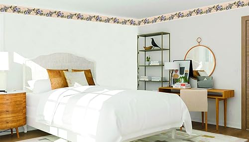 Miniatura 2 de Dundee Deco Papel tapiz con borde para despegar y pegar DDAZBD9221, flores florales, moradas, amarillas, verdes, diseño retro, 15 pies x 7 pulgadas