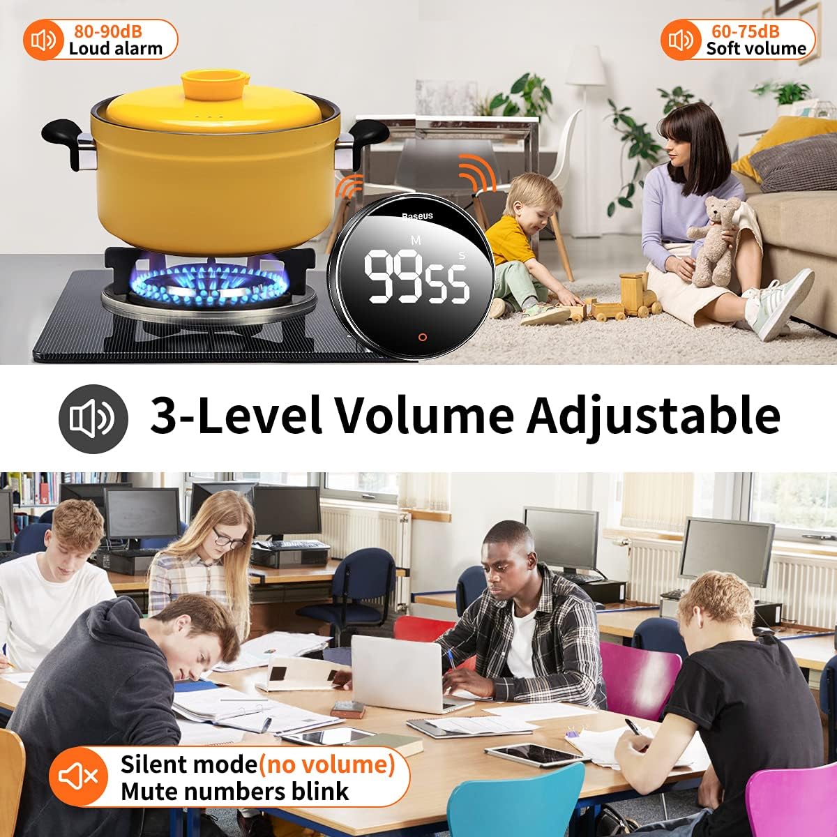 Digital Kitchen Timer Rotation Countdown Timer Pro Magnetic Countup Timer with 3-Level Volume Adjustable Large Led Display for Study/Exercise/Cook/Baking/Office/Classroom