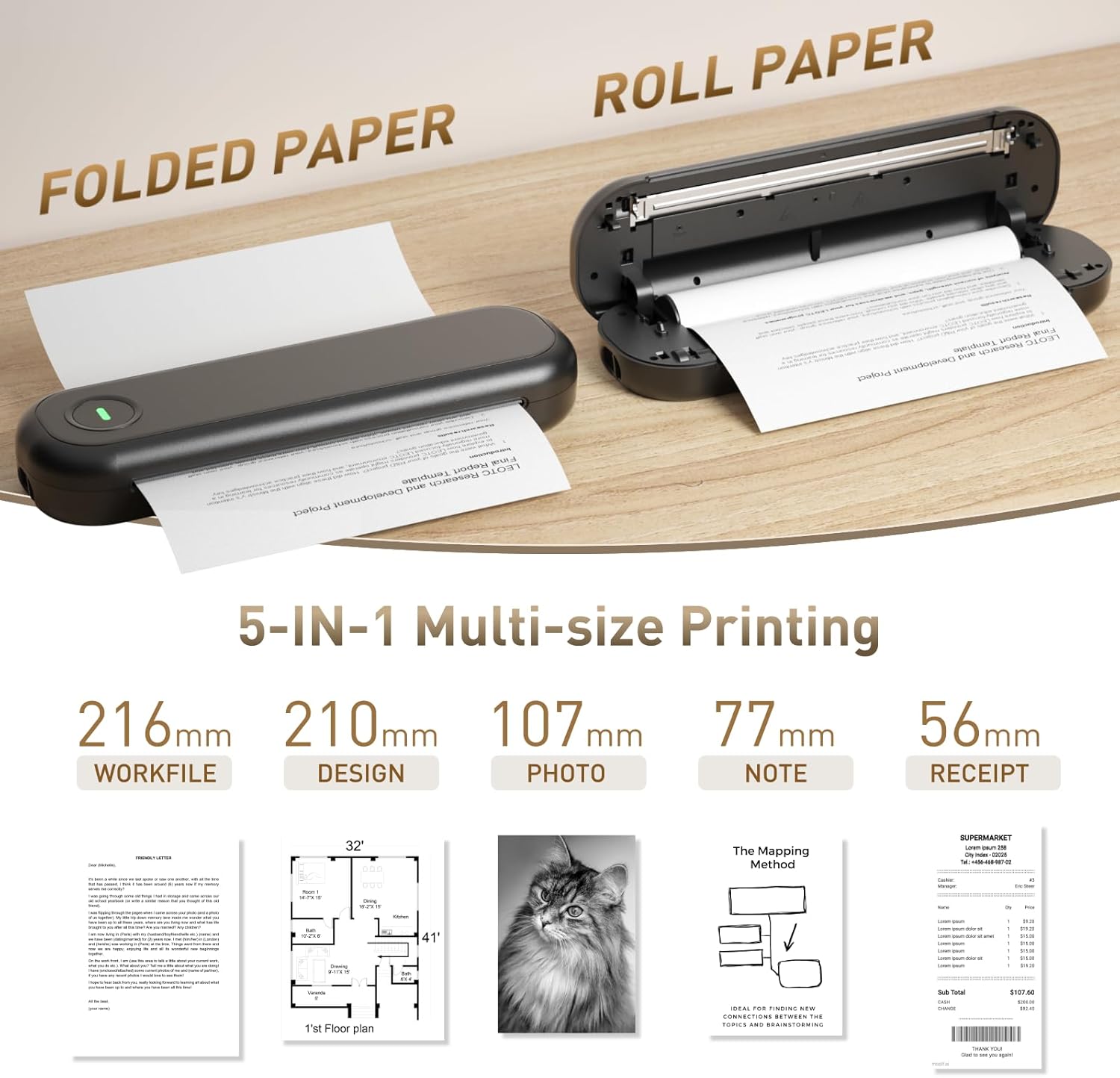 Bisofice A4 Portable Thermal Printer Wireless&USB Connect with Mobile Computer 50mm/56mm/77mm/107mm/210mm/216mm(2in/3in/4in/8in/8.5in) US Letter A5 Paper Size for Office School