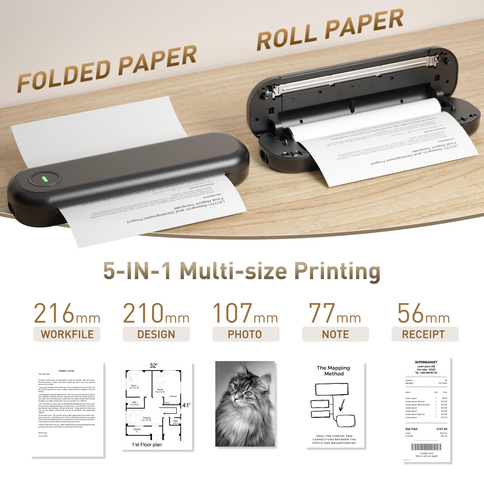 Bisofice L86 300dpi Impresora portátil A4 para viajes impresora térmica A4 impresora portátil Bluetooth impresora portátil compatible con papel térmico A4 de 2''/3''/4''/8'' compatible con Android/iOS