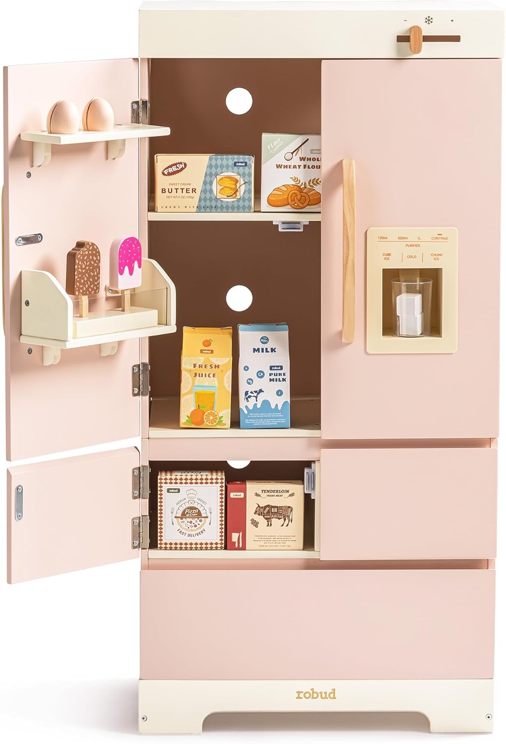 ROBUD Wooden Play Fridge, Kitchen Toy Fridge Freezer Set with Ice Maker, Play Kitchen Refrigerator, Kitchen Playset Gift for Kids & Toddlers, Age 3+ (Pink)