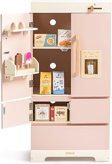 ROBUD Pink Wooden Play Fridge with Ice Maker - Realistic Toddler Kitchen Toy Refrigerator, Freezer Playset for Kids Age 3+