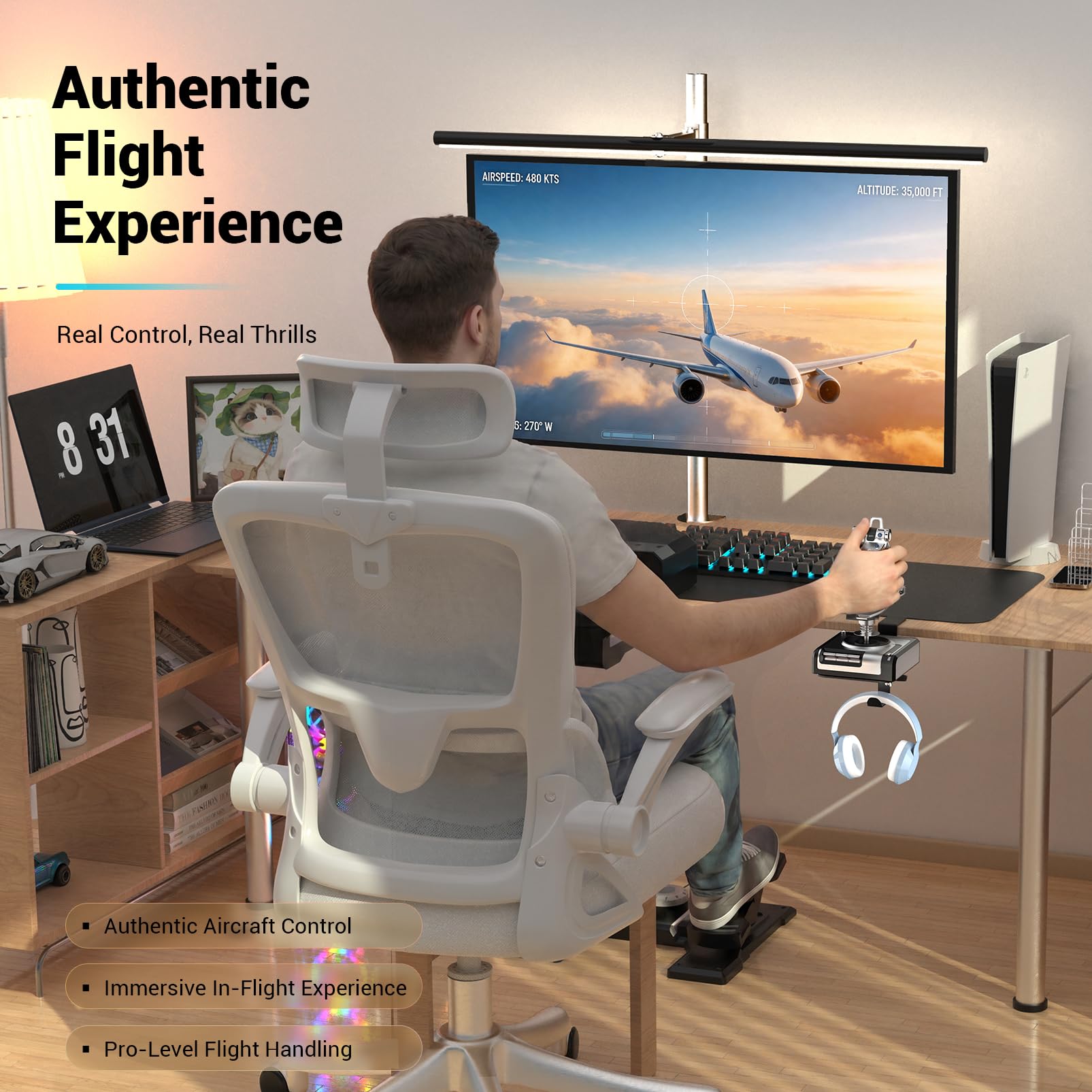 SILVIP Flight Hotas - Supporto da scrivania per joystick/acceleratore/hotas con supporto per cuffie, compatibile con Thrustmaster, Logitech, Turtle Beach e Winwing Flight Sim Hotas, nero