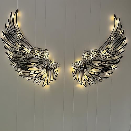 Miniatura 3 de 1 par de arte de pared de alas de ángel de metal con luces LED, alas de ángel 3D, decoración de pared para interiores, hogar, dormitorio, sala