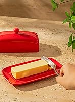 Vista 5 de Sweese - Mantequilla de porcelana con tapa, soporte de mantequilla de 7.8 pulgadas con cubierta de asa, recipiente de mantequilla perfecto para Rojo
