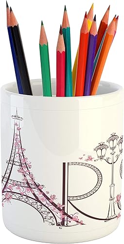 Lunarable París Portalápiz Torre Eiffel con letras París Pareja Viaje Flores Diseño Floral Impresión Portaminas Portaminas Portaminas de cerámica