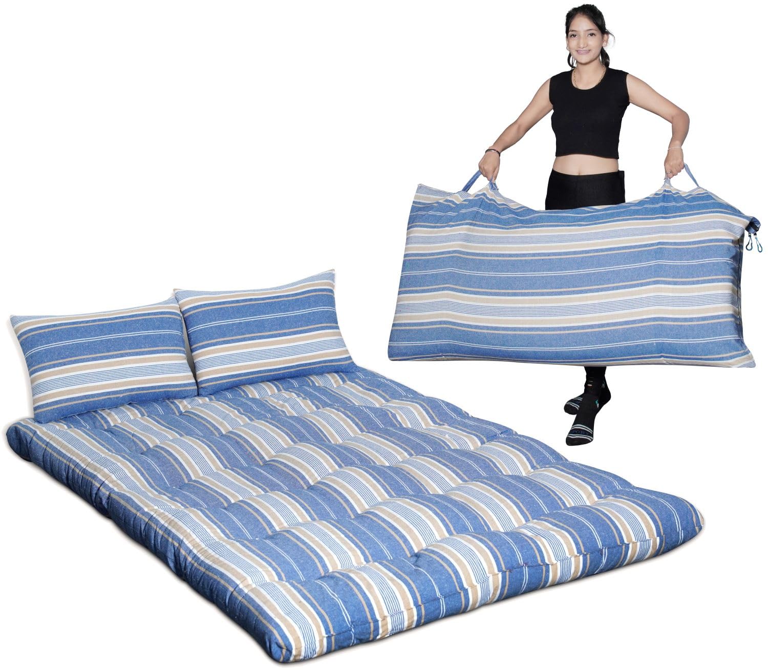 AGLA KADAM Double Bed Mattress (4 x 6 Feet) - Cotton Gadda for Double Bed - Water Resistant, Reversible Design and Foldable Ruyi Mattress for Guests - Blue and White Stripes-picture-10