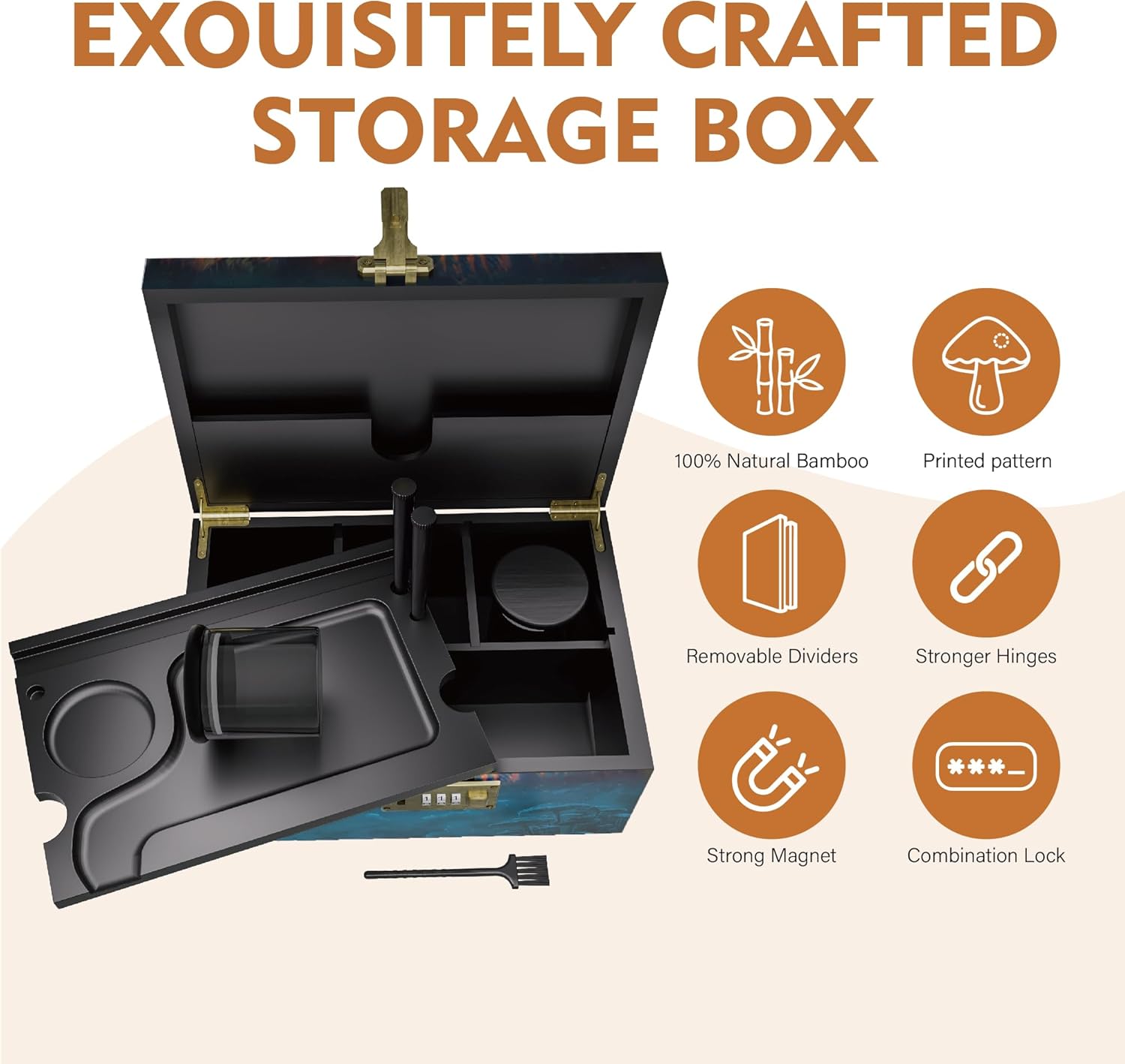 Large Bamboo Box with Combination Lock, Wooden Printed Decorative Storage Box, Stash Storage Lock Box as Great Gift Choice, Lockable Keepsake Box for Storage Trinkets, Coffee Beans, Tea etc(Mushroom)