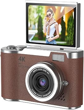 4K Digital Camera 48 Million Pixels 180-Degree Rotatable Display Digital Camera Compact Auto Focus 2.4-Inch Screen Portable Convenient Retro Pocket Camera for School Trips Students Beginners
