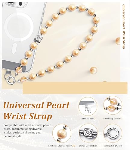 Vista 10 de Vihibii Correa de muñeca con dije para teléfono con 2 lengüetas de sujeción, cordón anticaídas para teléfono celular, cuentas de perlas de moda