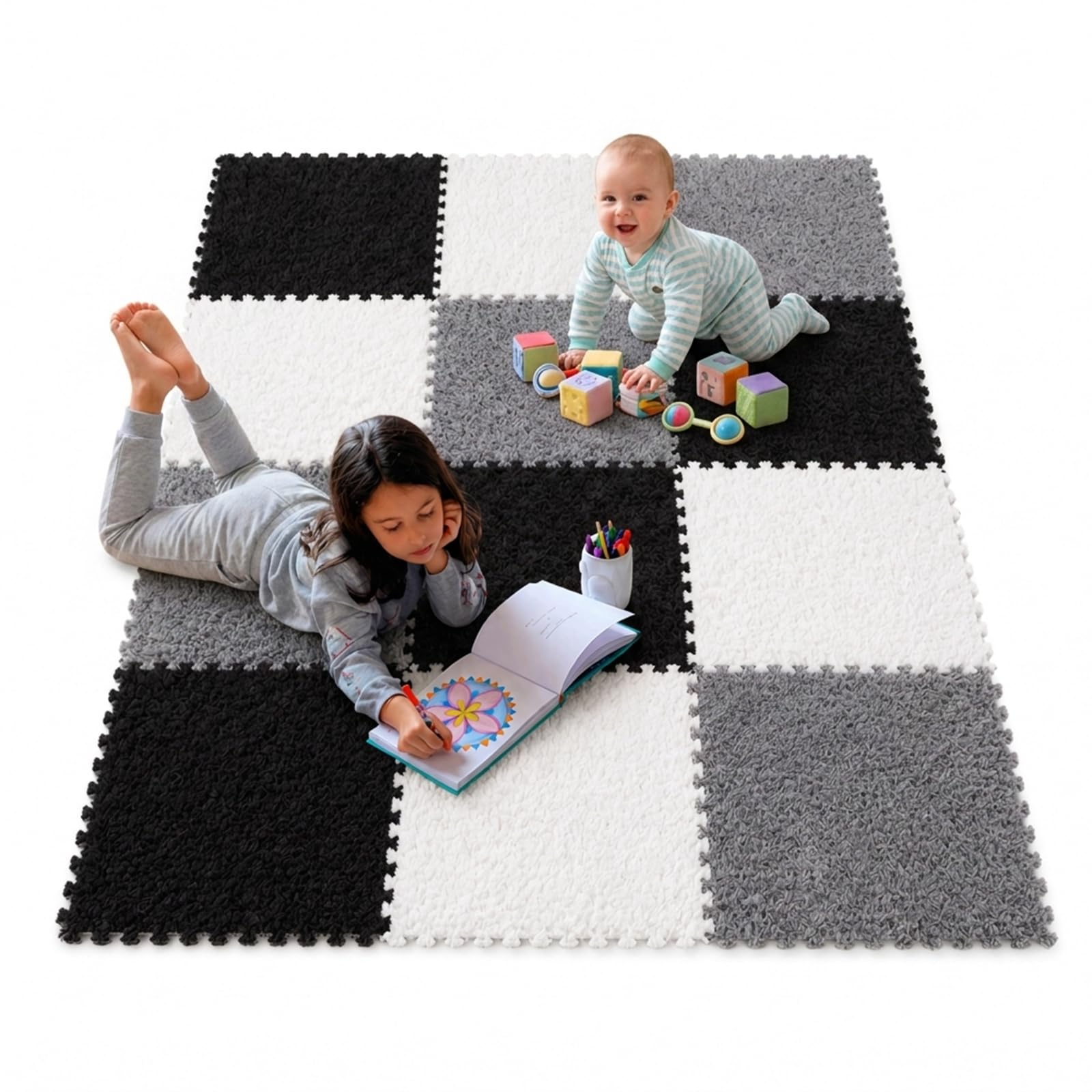 12PK Alfombra de Juegos para bebé, Tapetes felpa de Espuma de Rompecabezas Entrelazados,Tapete de Juego de Rompecabezas para rompecabezas ideal para gateo y juego para bebe (Blanco*Gris*Negro)