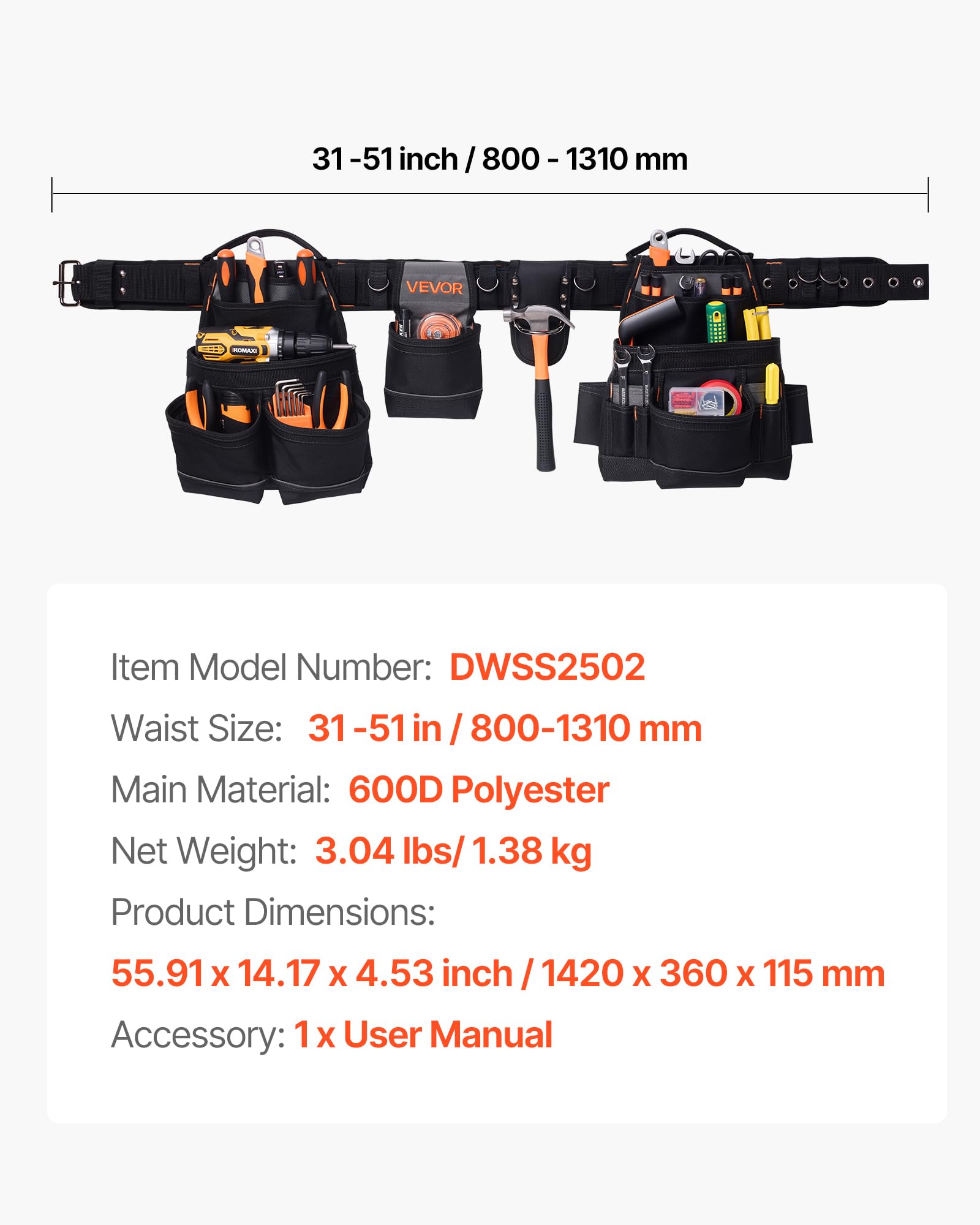 VEVOR Marsupio Porta Attrezzi da Elettricista con 18 Tasche, Borsa da Lavoro Staccabile per Elettricisti, Carpentieri, Costruttori, per Grembiuli da Lavoro, Vita Regolabile da 80 a 131 cm