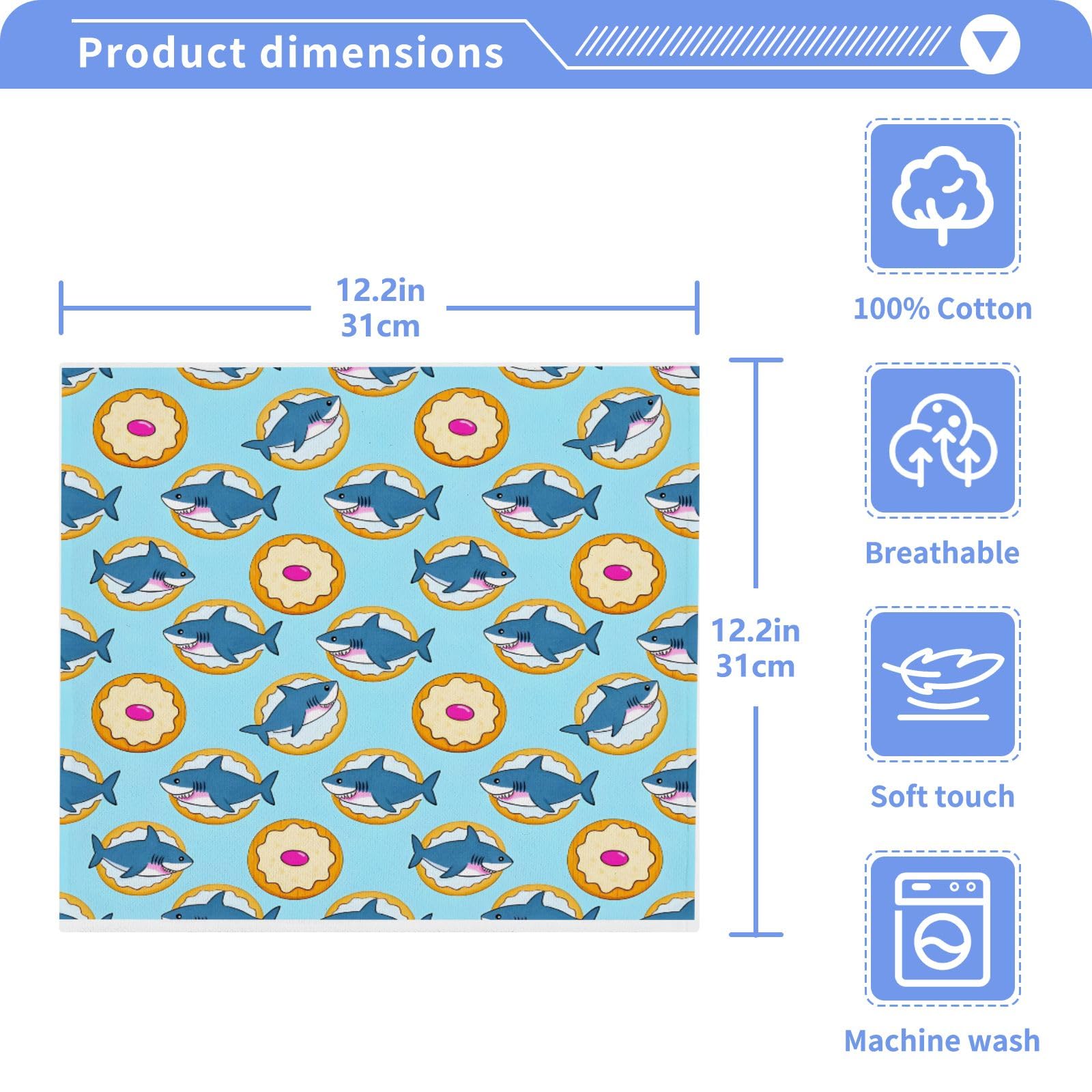 ALAZA Wash Cloth Set 100% Cotton Fingertip Towels Face Cloths Sets Sharks Biscuits Highly Absorbent Soft Feel Set of 2