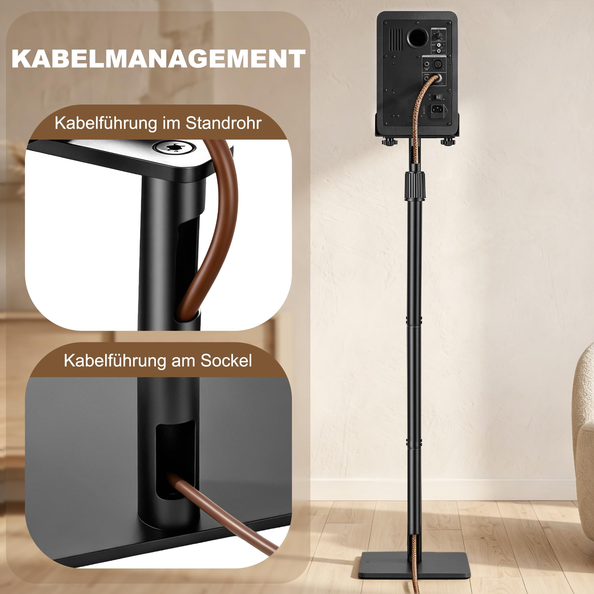 Confezione da 2 supporti per altoparlanti regolabili in altezza,115-140CM | Supporto da pavimento con sistema di gestione dei cavi, supporto universale per diffusori Sony, JBL, Bose