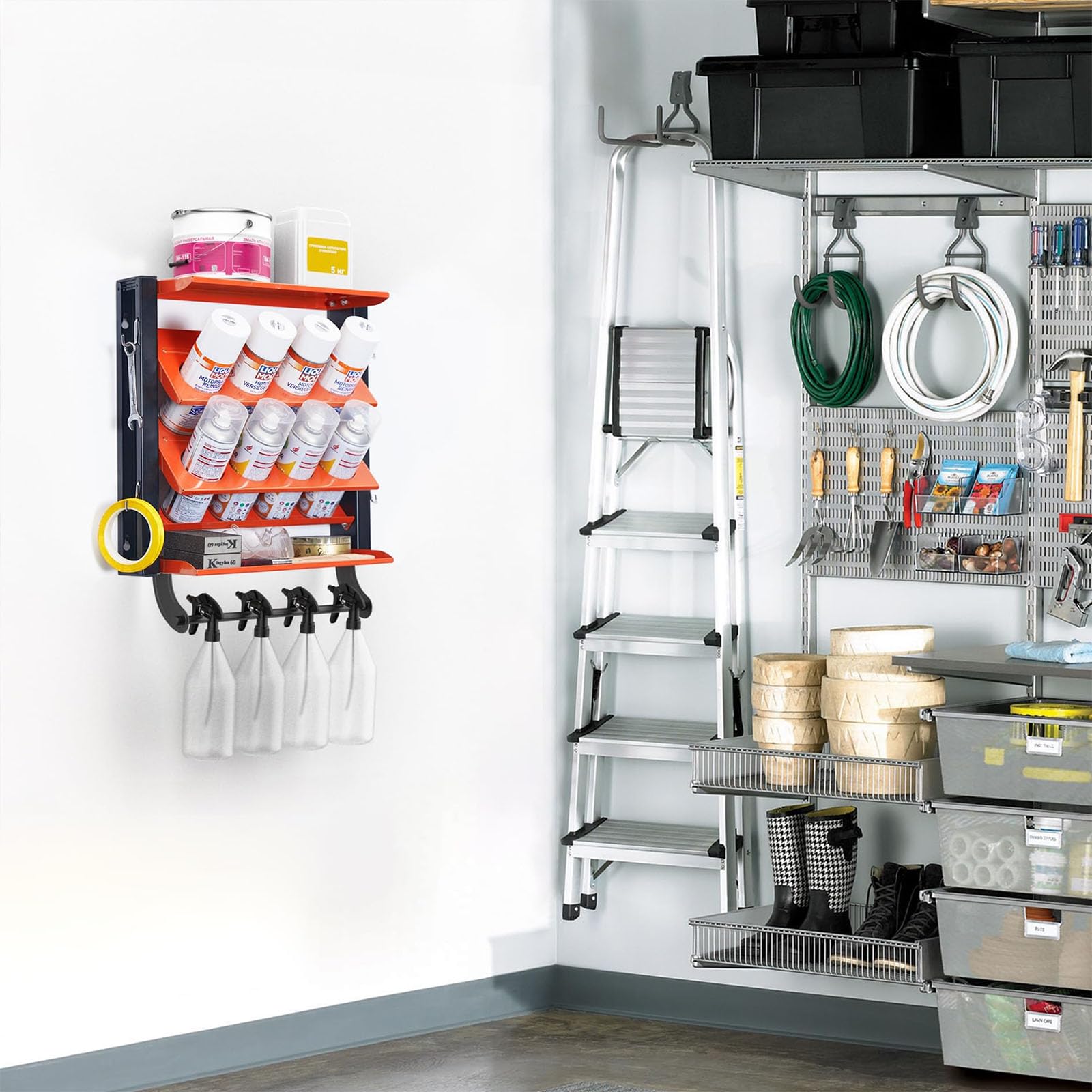 Organizador de pared para botellas de pintura, 8 soportes para latas, 2 estantes, barra de toalla para almacenamiento, fácil instalación
