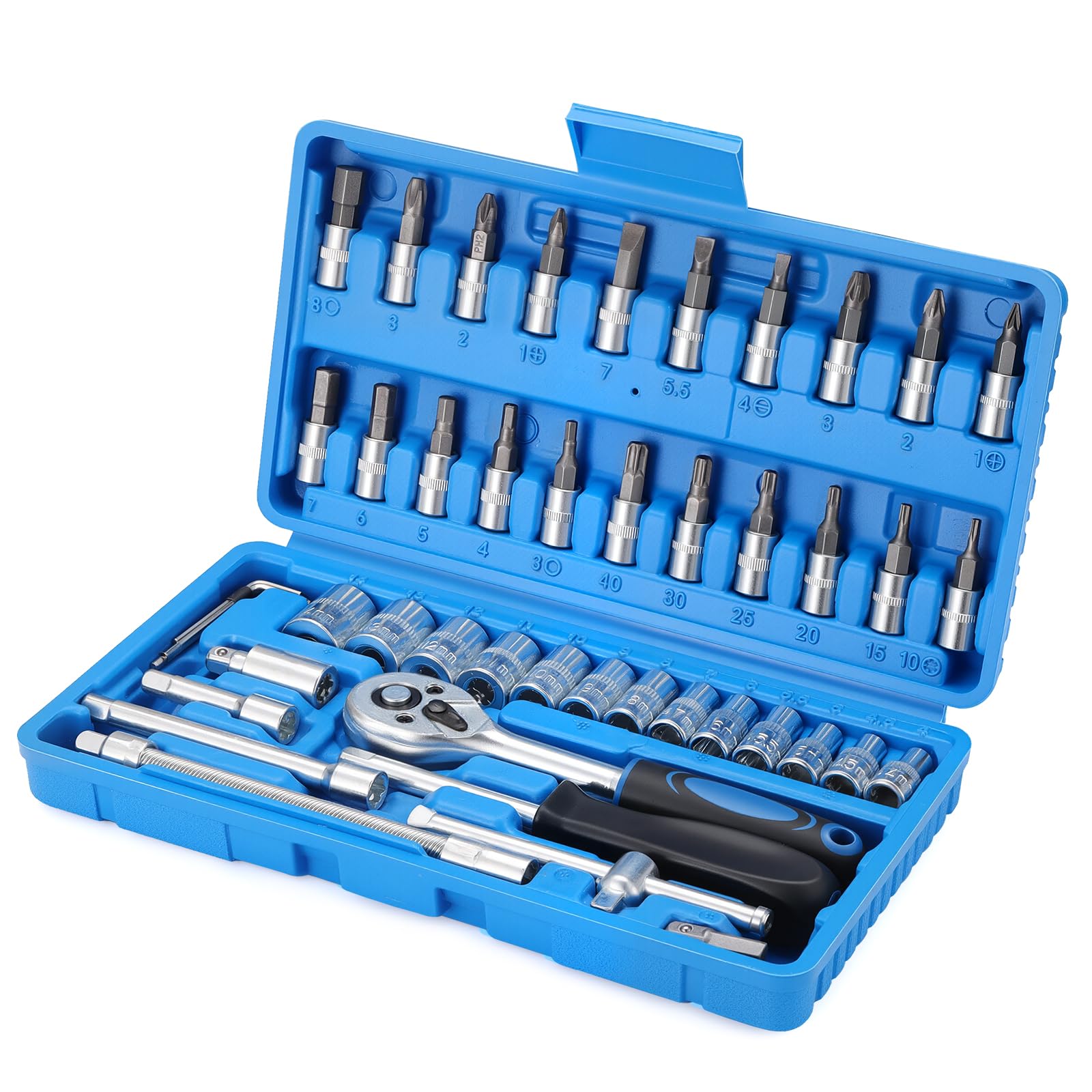 HSEAMALL Juego de 46 llaves de carraca de 1/4 pulgadas, juego de llaves de carraca métricas, barra de extensión para herramientas de reparación de automóviles y hogar