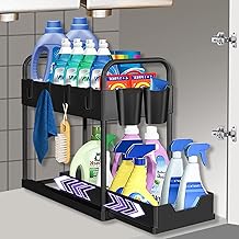 Under Sink Organizer and Storage,2 Tier cabinet organizers with Sliding Storage Drawer,kitchen organizer bathroom organizers kitchen sink organizer with 4 Hooks and 2 Cup Multi-Usage pull out cabinet organizer for bathroom Kitchen Cabinet Countertop