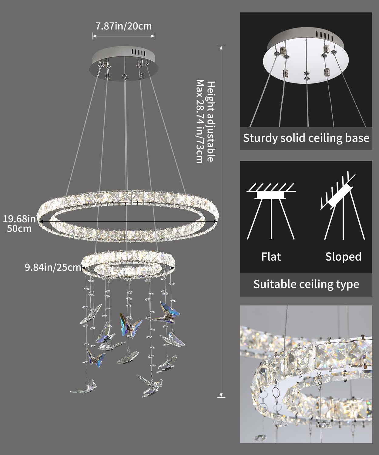 Modern LED Pendant Light,20" K9 Crystal Chandelier,3 Color Temp.,2 Ring Circular Pendant Light for Entrance,Restaurants,Kitchens,Islands, Living Rooms, Cafes,Height adjustable DIY shape,Butterfly