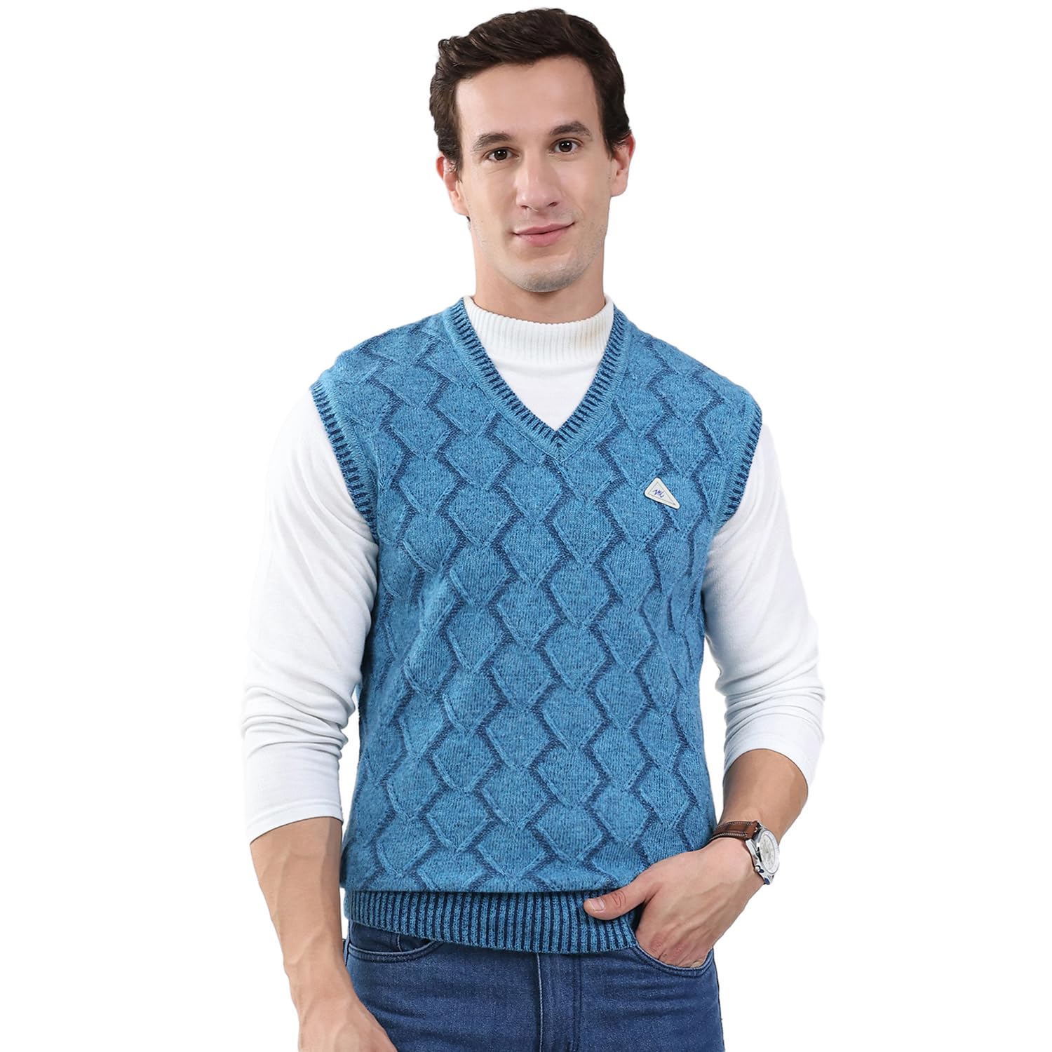 Men's Regular Fit Sweater | Self Design Pattern | Pull-On Closure with Sleeveless V Neck | Textured Knit Vest for Men
