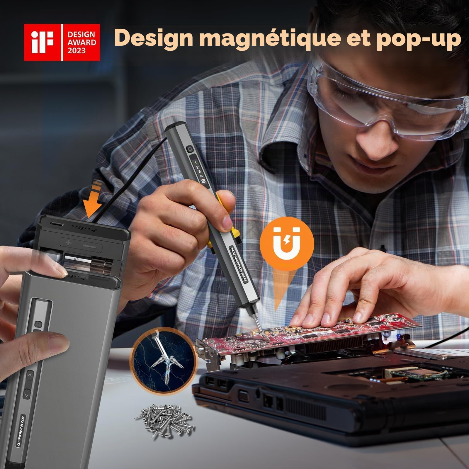 ARROWMAX SES Ultra Kit de tournevis électrique 70 en 1 magnétique de précision, 5 réglages de couple, haute vitesse 280 tr/min, écran OLED et 4 LED, mini outil sans fil