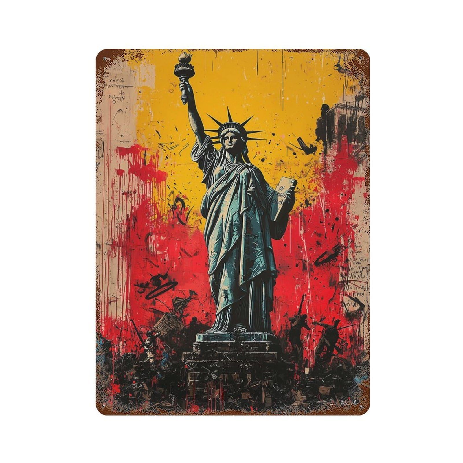Vintage Rust Metal Sign with Expressionist Statue of Liberty – Bold Contemporary Art Reinterpretation Design 15.7"x11.8", for Shed, Workshop And Garage Wall Decor, Retro Wall Decor