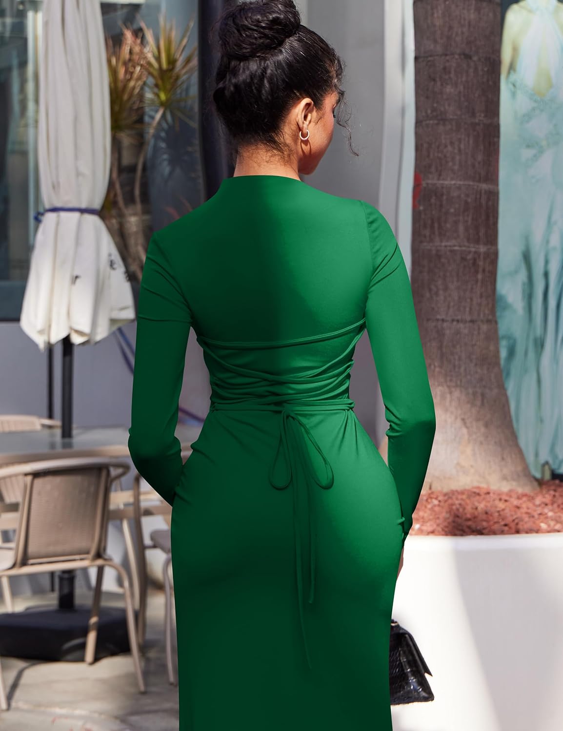 YMDUCH Women's Casual Long Sleeve Boat Neck High Split Ruched Bodycon Long Formal Dress - Image 2