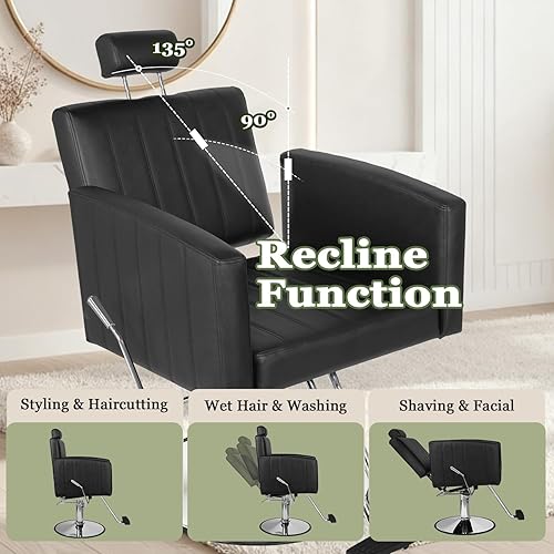 Miniatura 3 de Silla de salón negra para estilista, silla de peluquería hidráulica resistente con diseño de puntada vertical, giro de 360, altura ajustable, sillas