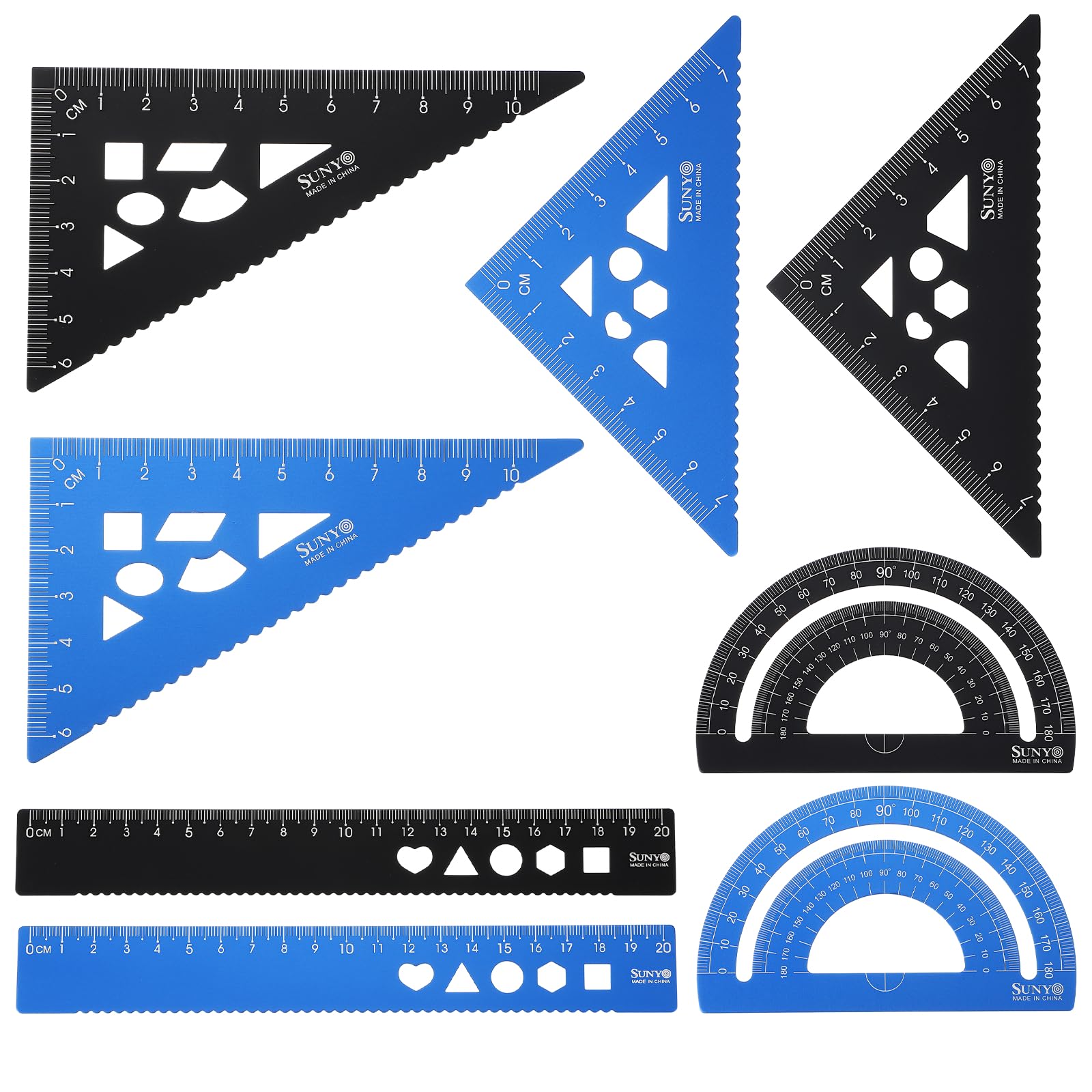 sourcing map 8pcs Triangular Ruler Set 20cm Aluminum Alloy Straight Geometric Protractor Triangle Engineering Scale Drafting Ruler Kit Measuring Drawing Tool for Classroom Office, Black/Blue