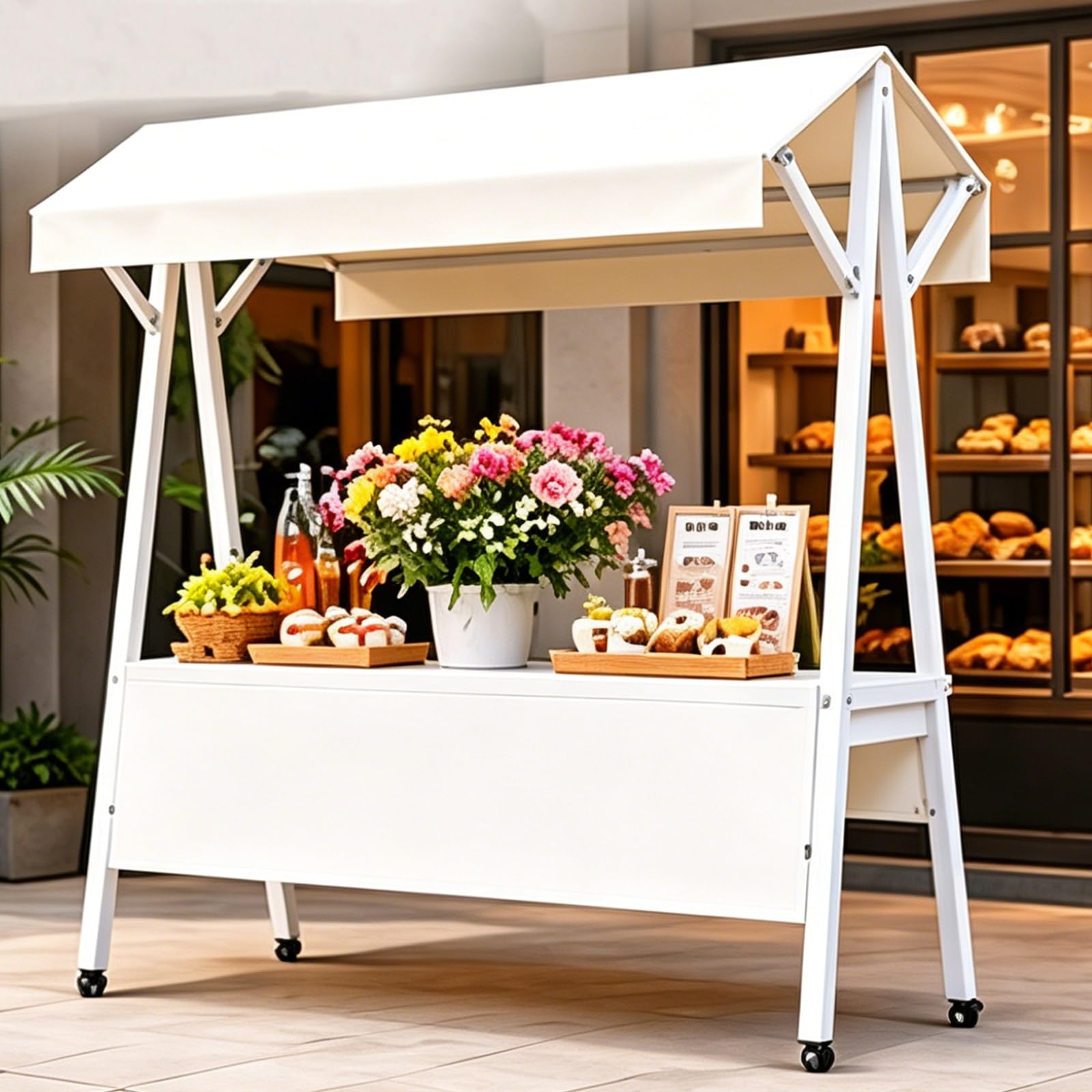 JINGSHIQIAOPL Portable Vendor Cart with Canopy and Wheels, Folding Market Stand for Farmers Markets, Craft Fairs, and Outdoor Events(White)
