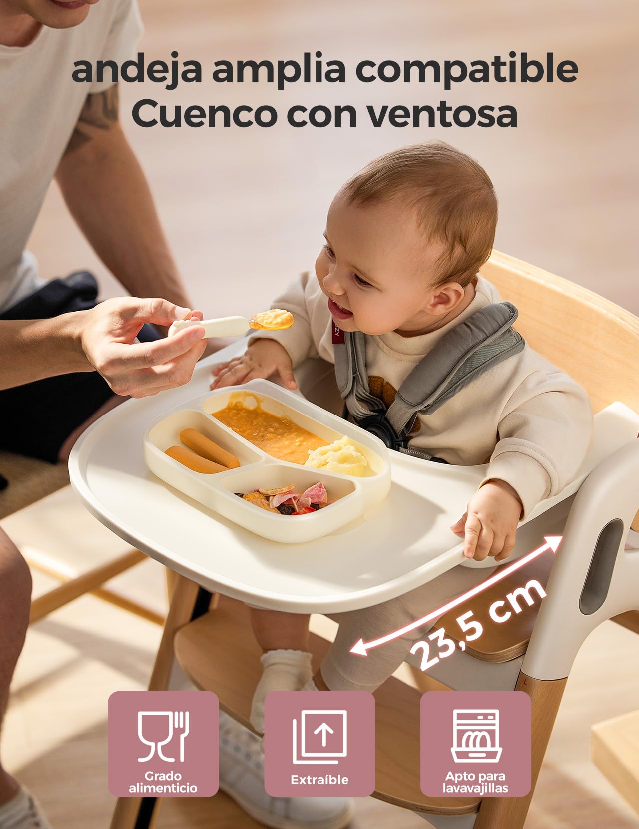Momcozy Trona Evolutiva de Madera Narural para Niños y Adultos hasta 140 kg | Tronas de Bebe ajustable y ergonómica, con bandeja desmontable de grado alimenticio