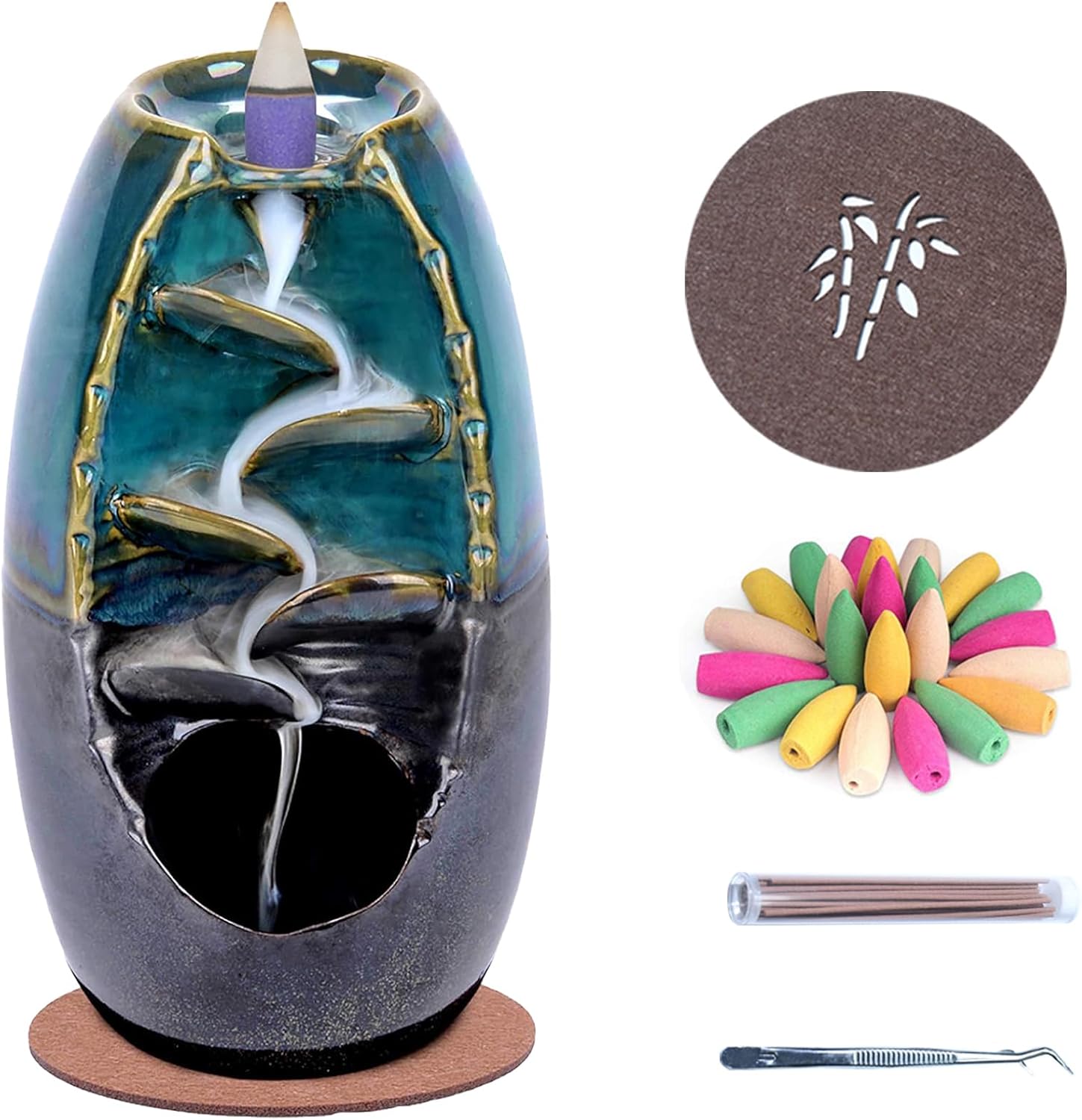 Incense Burner, Backflow Incense Holder Ceramics Waterfall Incense Fountain with 120 Backflow Incense Cones, 30 Incense Sticks, Aromatcherapy Ornament for Home Office