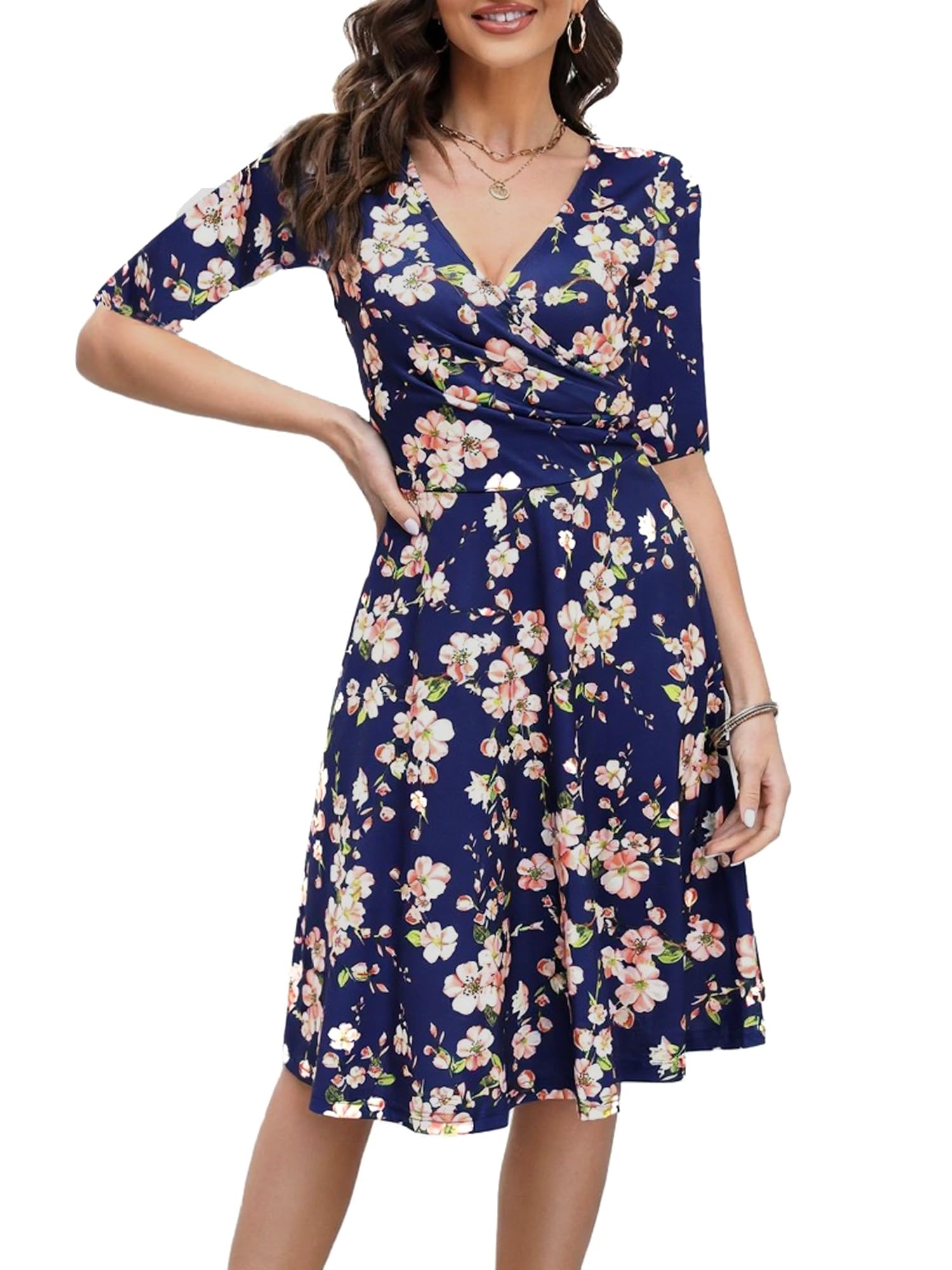 oxiuly Women's Vintage Criss-Cross Necklines Half Sleeve Floral Casual Work Party Cocktail Stretch A-Line Swing Dress OX233 (XL, Navy Blue F5)