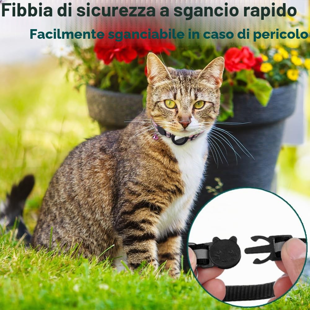 Collare Gatto Airtag, Collare Riflettente Antistrozzo per Gatti con Custodia Protettiva Air Tag (GPS AirTag Non Incluso) e Campanellino, Adatto a Gatti di Tutte Le Taglie(Nero)