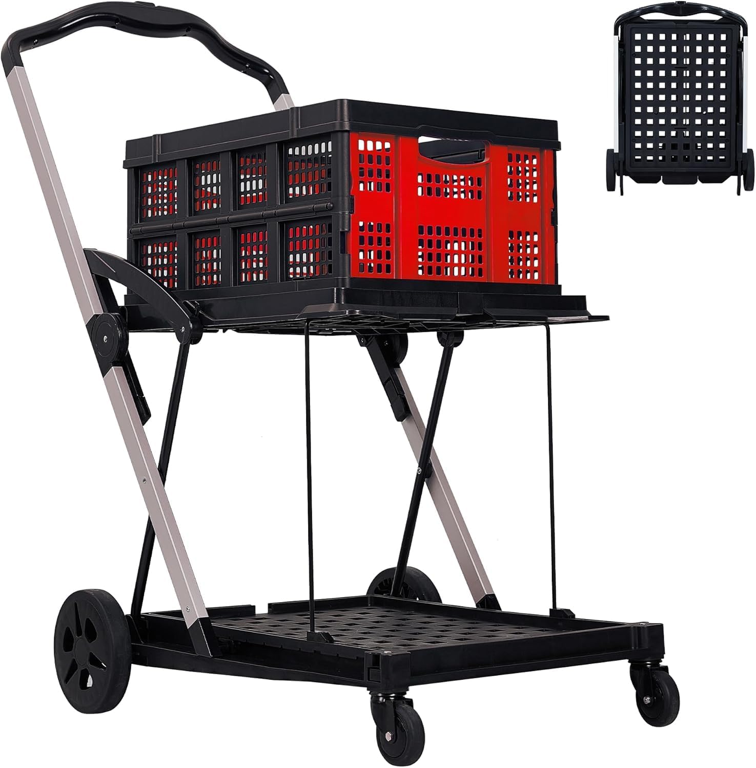 Folding Shopping Cart for Grocery Shopping, Foldable Double Tier Utility Trolley with Large Basket, Home Storage and Transport Solution, Heavy Duty Collapsible Rolling Carrier for Supermarket