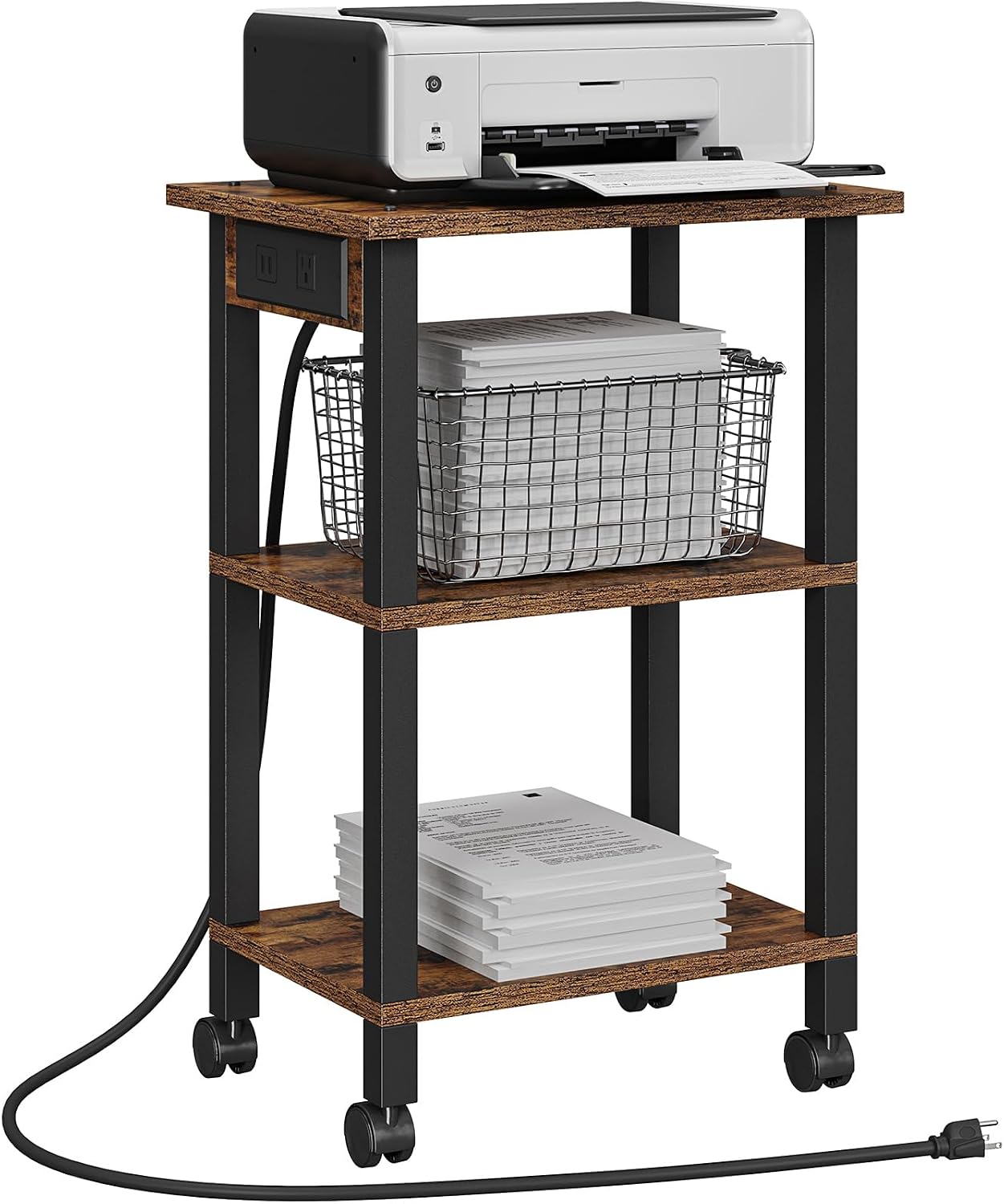 TUTOTAK 2 Tier Printer Stand, Rolling Printer Cart with Power Outlets and USB Ports, Mobile Printer Table with Wheels, for Under Desk, Office, Home,Brown PS01BB001