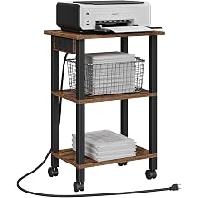 TUTOTAK 3 Tier Printer Stand, Rolling Printer Cart with Power Outlets and USB Ports, Mobile Printer Table with Wheels, for Under Desk, Office, Home,Brown PS02BB001