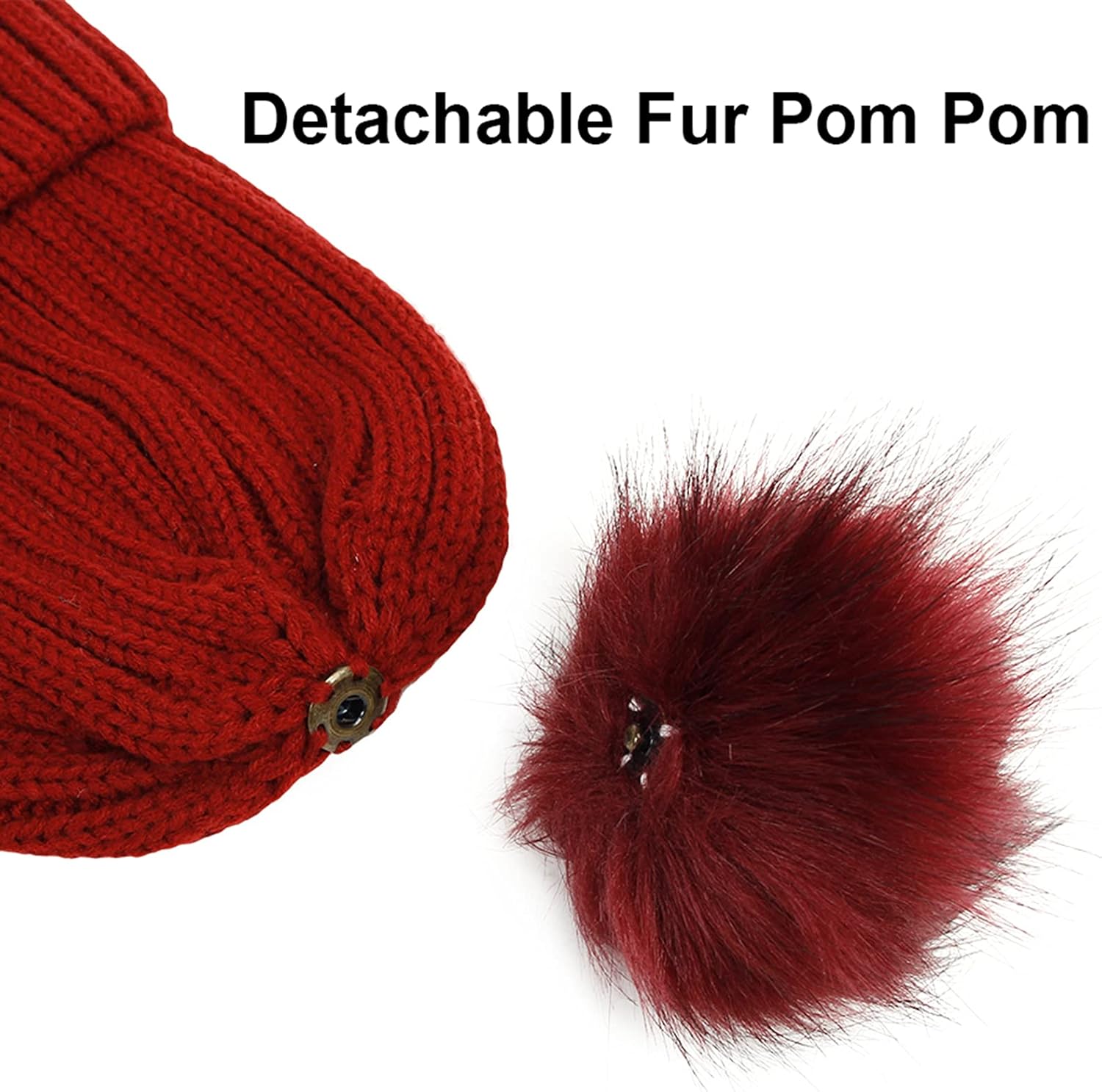 Muryobao 2 Pcs Womens Winter Knitted Beanie Hat Touch Screen Gloves Set Knit Cuffed Skull Cap with Faux Fur Pom