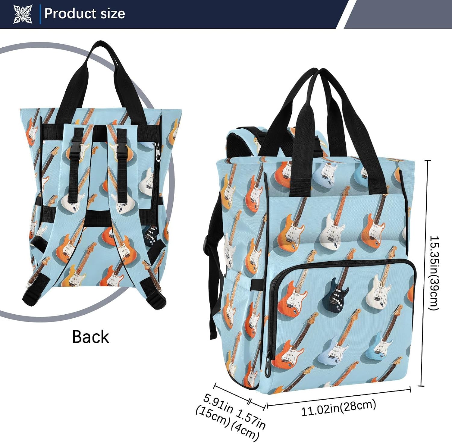 Diaper Backpack Cartoon Guitar Pattern with Insulated Feeding Bottle Compartment, Mommy Nursing Bag Organizer for Travel Daycare with Stroller Straps