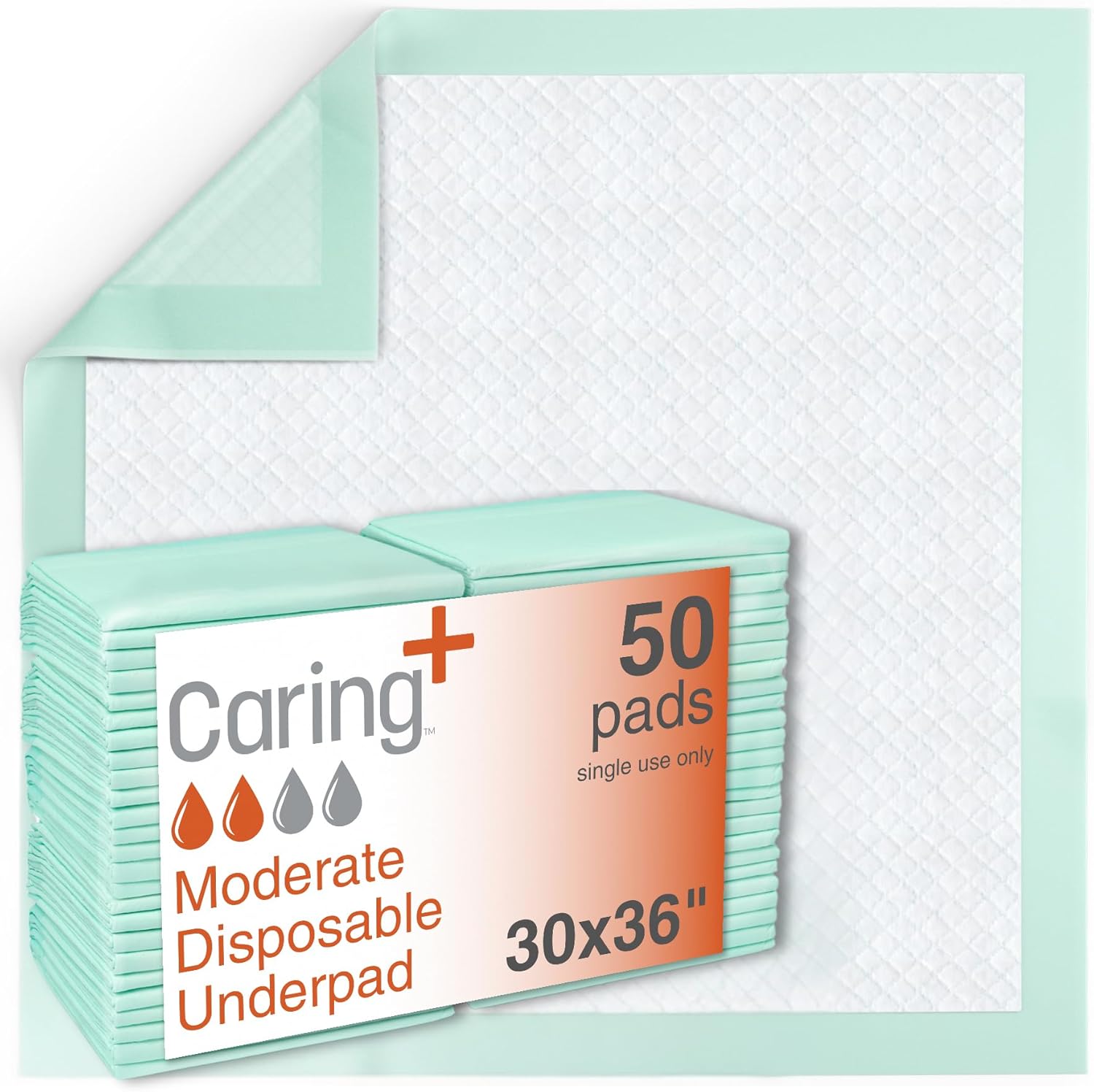 Caring Disposable Underpads 30 x 36 in, Moderate Absorbency Bed Pads, Chucks Pads, Puppy Pads, Baby Changing Pads, Incontinence Underpads for Adults, Pets, Babies, 100 Count Pack
