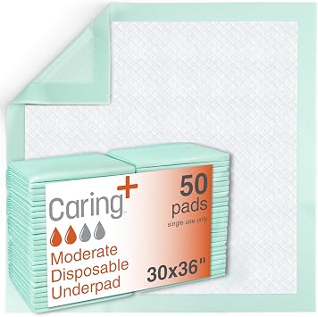 Caring Disposable Underpads 30 x 36 in, Moderate Absorbency Bed Pads, Chucks Pads, Puppy Pads, Baby Changing Pads, Incontinence Underpads for Adults, Pets, Babies, 30 Count Pack