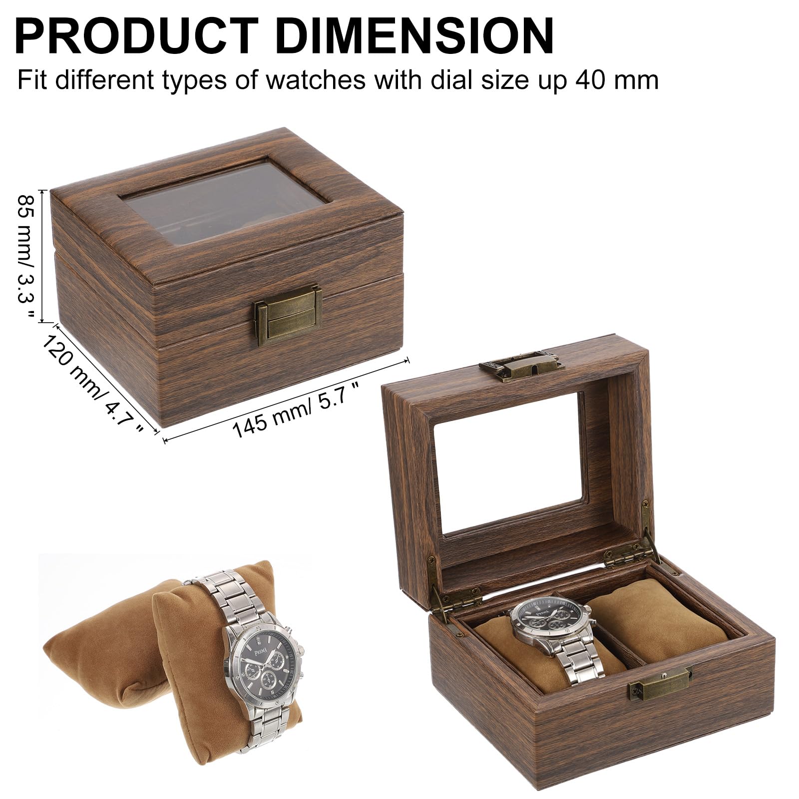 Boîte à Montres pour Homme, 2 emplacements, en Cuir PU grainé, avec Couvercle en Verre et Coussin Amovible, Compatible avec la Plupart des Montres et Montres connectées.