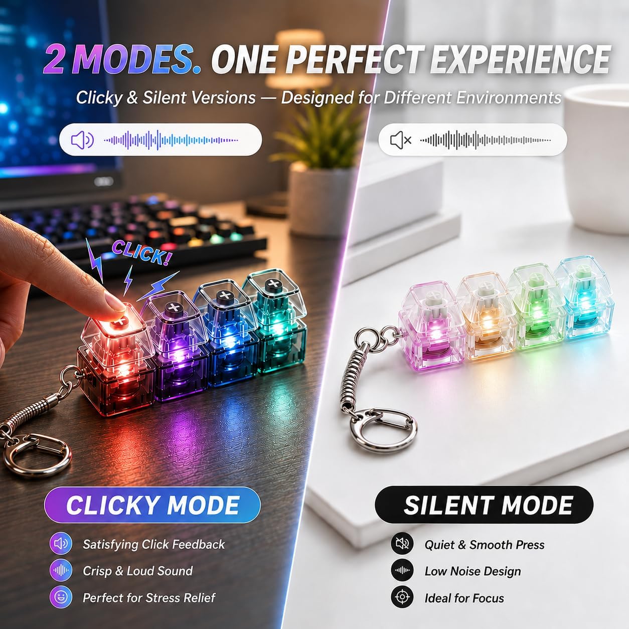 2 Pack Keyboard Fidget Toy, Keyboard Fidget with LED Lights, 4-in-1 Quiet & Clicky Keyboard Clicker Toy for Stress Relief & Focus, Glowing Sensory Button Fidget for Kids & Adults